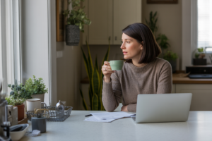 Mujer revisando su situación financiera en casa