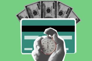 Apps de dinero rápido: ilustración de cronómetro con efectivo y tarjeta