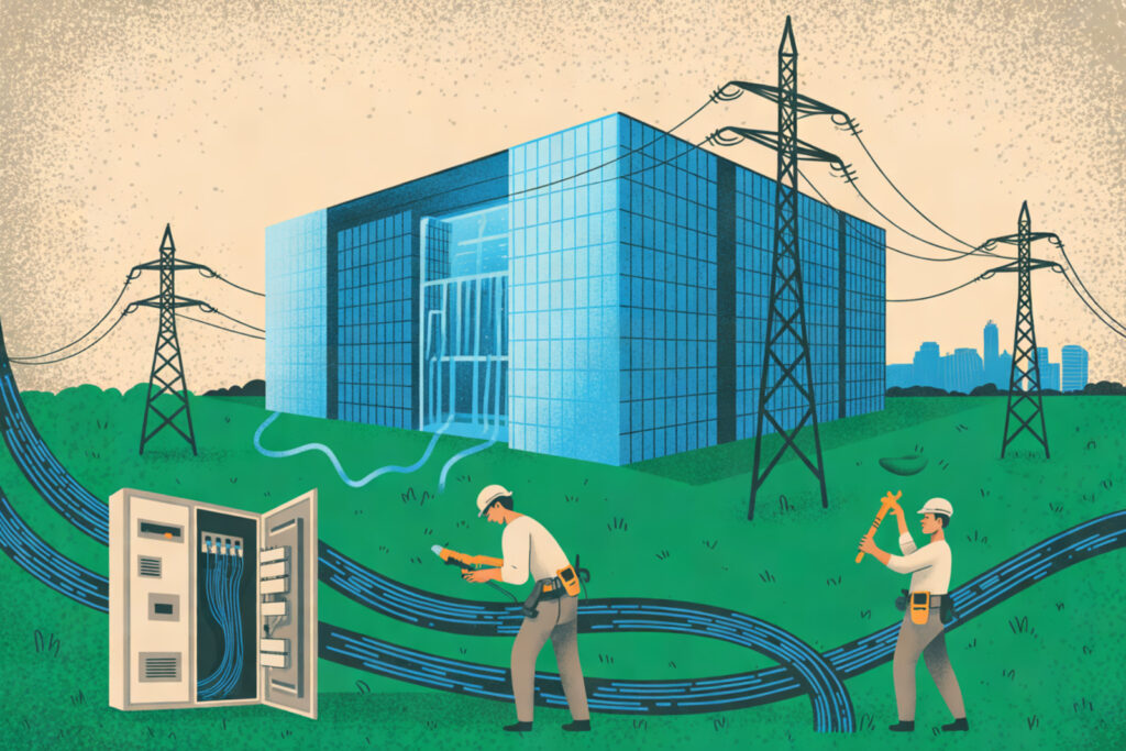 Ilustración editorial de dos electricistas trabajando en el cableado de un centro de datos, con torres eléctricas de fondo