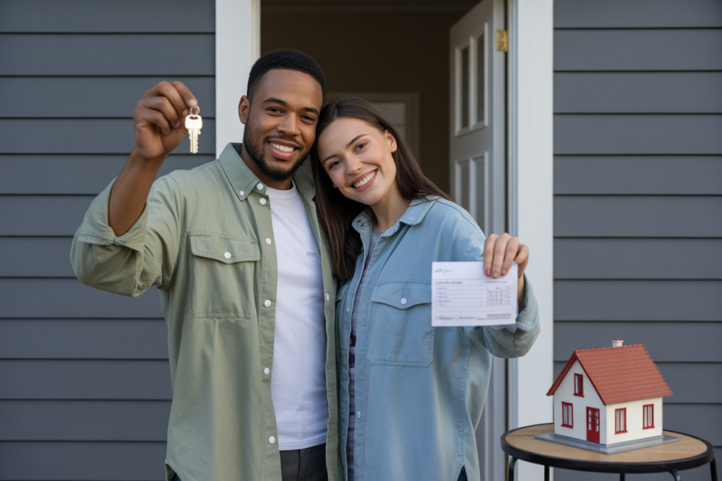 Pareja feliz con las llaves de su nueva casa