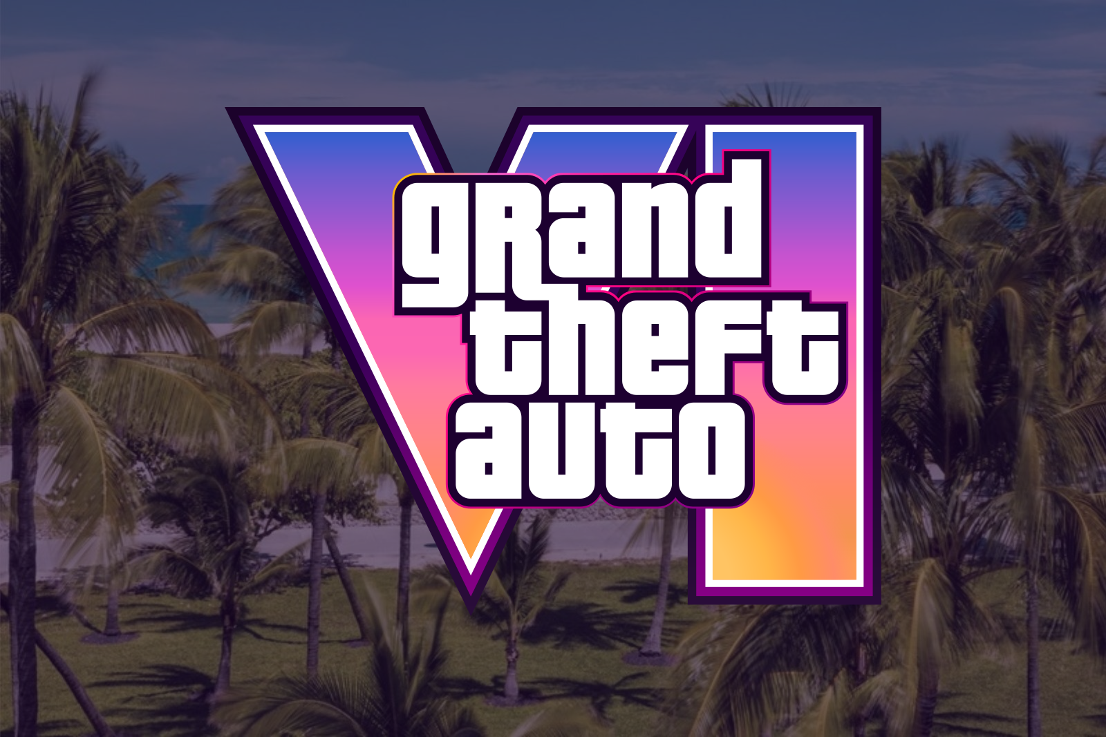 logo oficial de GTA 6 sobre palmeras en Miami