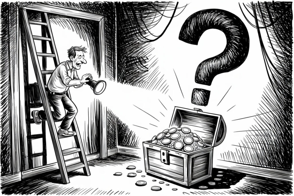 Caricatura de un trabajador que descubre un cofre olvidado lleno de monedas, sobre los planes 401(k) olvidados