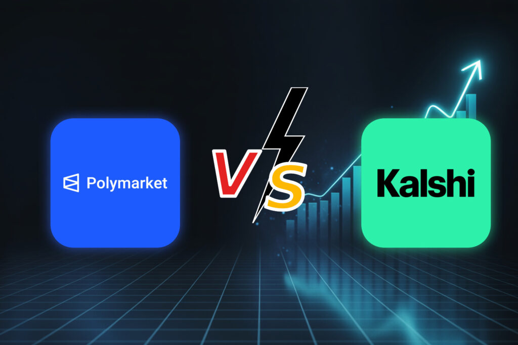 Polymarket contra Kalshi: los logos de las dos plataformas de predicciones frente a frente sobre un gráfico ascendente