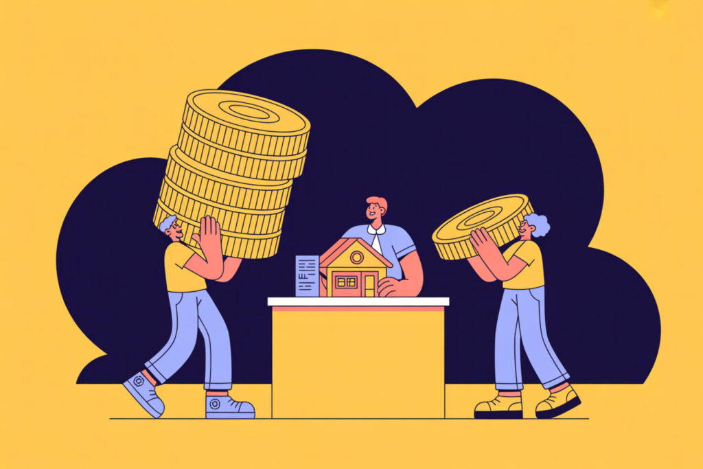Ilustración de dos personas comprando lo mismo, una cargando muchas monedas y otra pocas, sobre sin historial de crédito