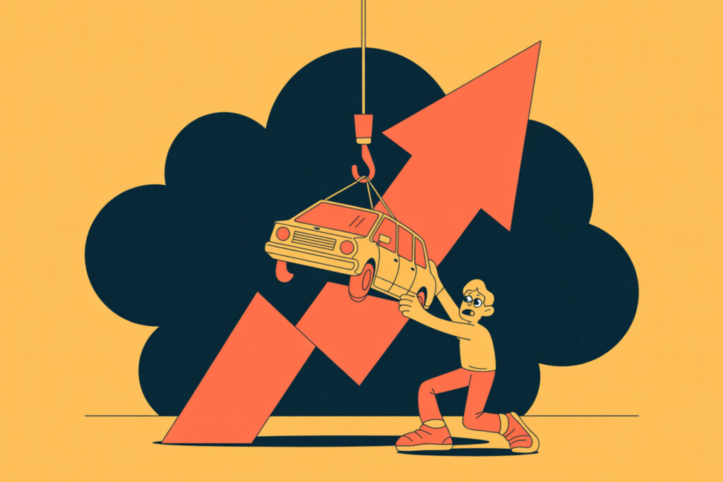 Ilustración de un carro elevado por una flecha en alza mientras una persona intenta alcanzarlo, sobre los rendimientos del Tesoro y las tasas de crédito automotriz