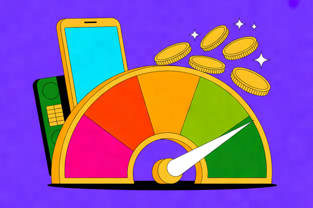 Apps para construir crédito: ilustración de un medidor de puntaje de crédito con un celular y monedas