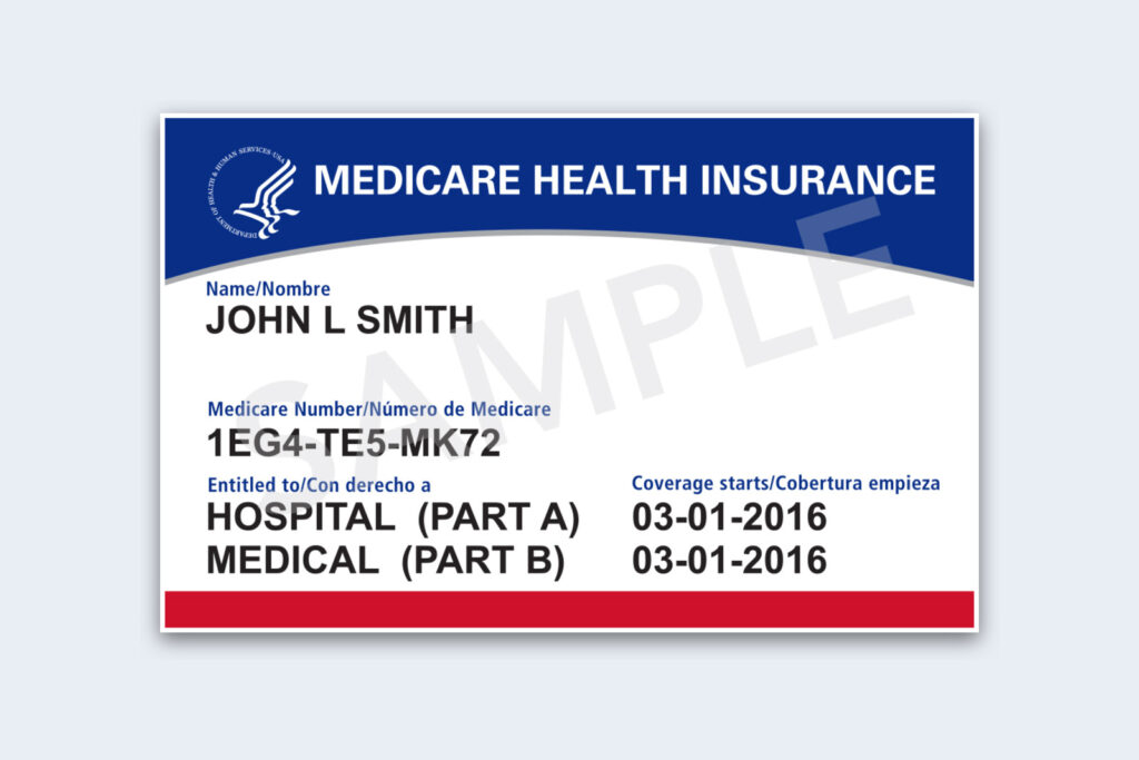 Tarjeta de muestra de Medicare Health Insurance sobre un fondo liso, en inglés y español