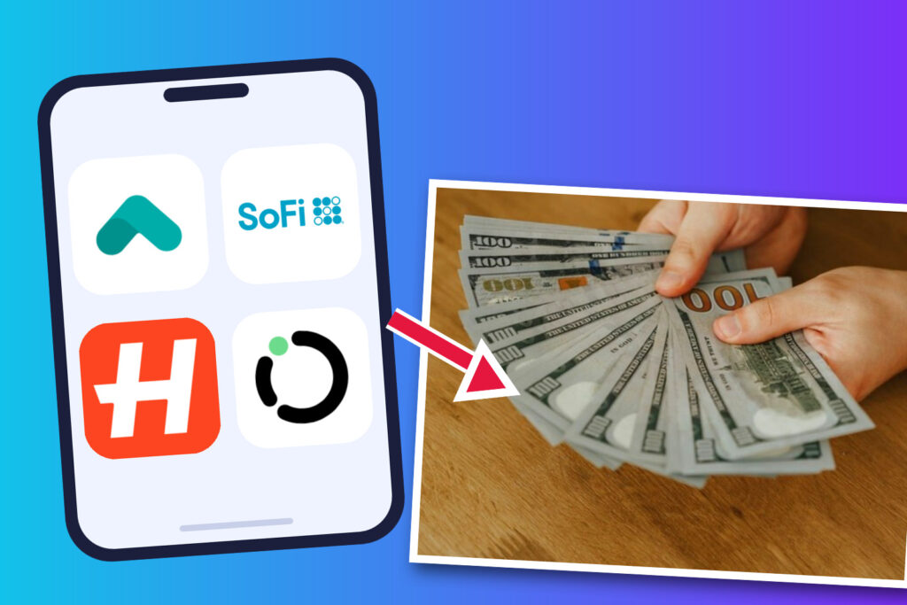 Apps de préstamos personales: celular con las apps Upstart, SoFi, Happen Bank y Oportun y un abanico de billetes de cien dólares