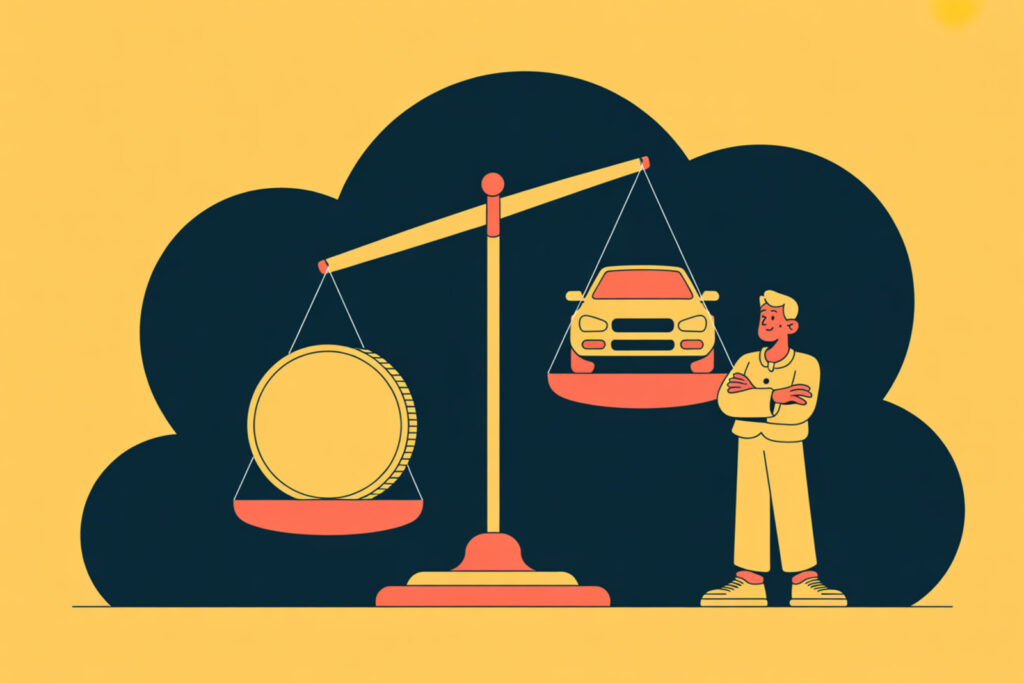 Ilustración de una balanza entre una moneda y un carro, sobre refinanciar el préstamo de tu carro